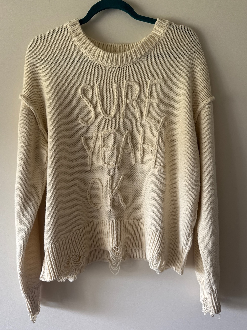 WILDFOX Sz M SURE YEAH OK
DISTRESSED PULLOVER SWEATER IN
LATTE CREAM IVORY